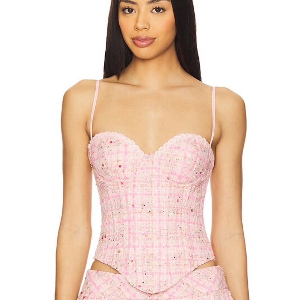 Guizio Genevieve Bustier Pink Tweed Bustier size Small NWT back lace up tie